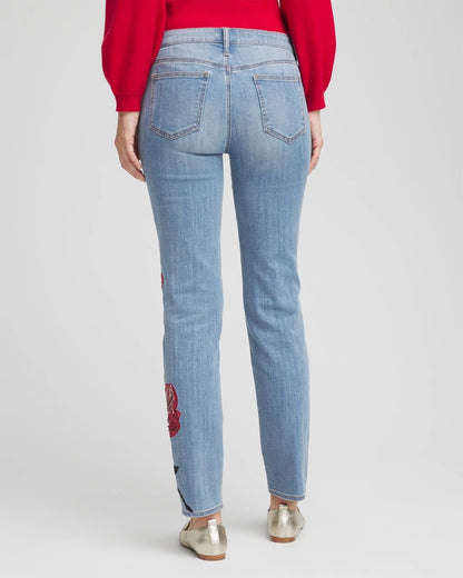 Chico's Placed Floral Girlfriend Slim Ankle Jeans Poppy Indigo
