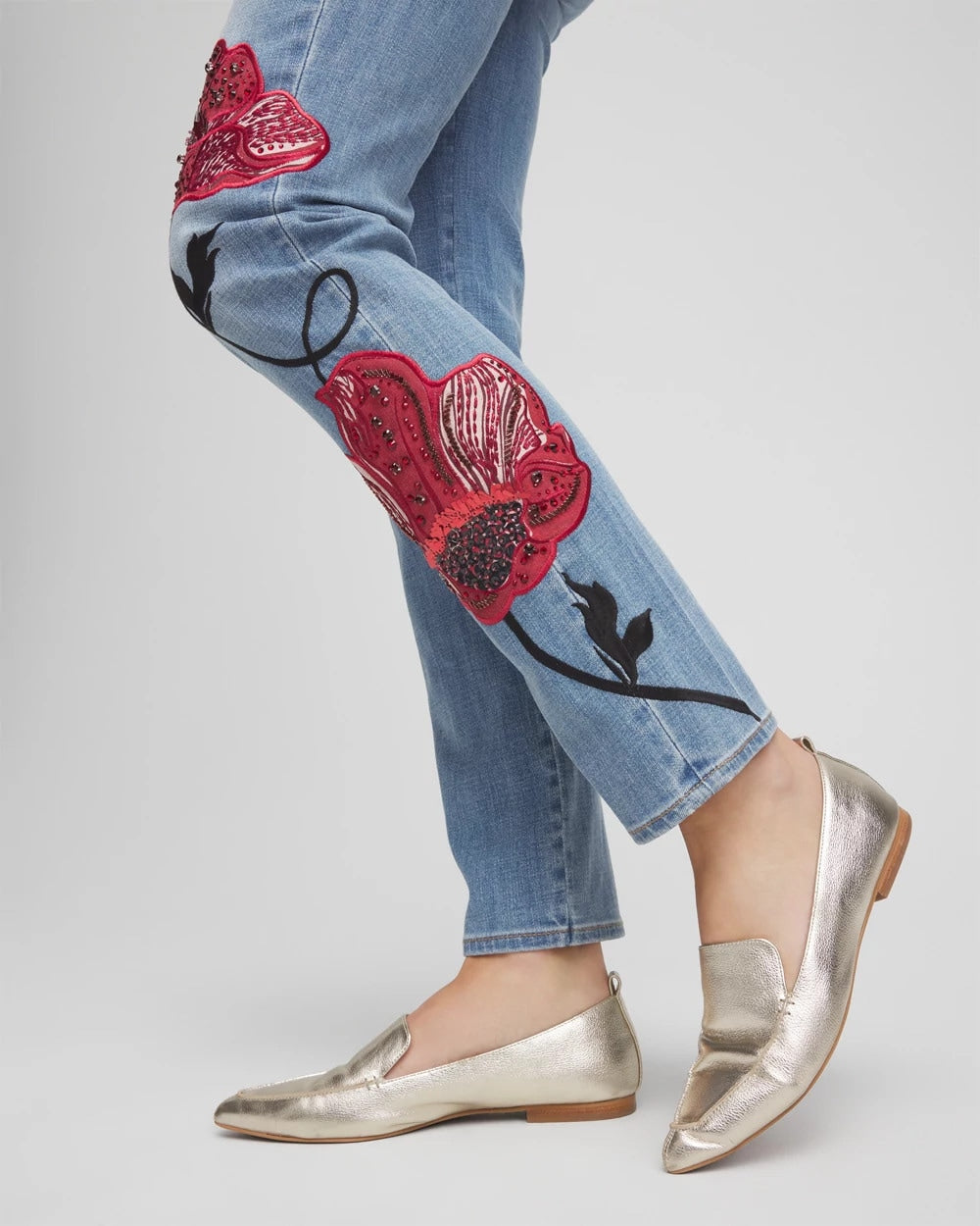 Chico's Placed Floral Girlfriend Slim Ankle Jeans Poppy Indigo