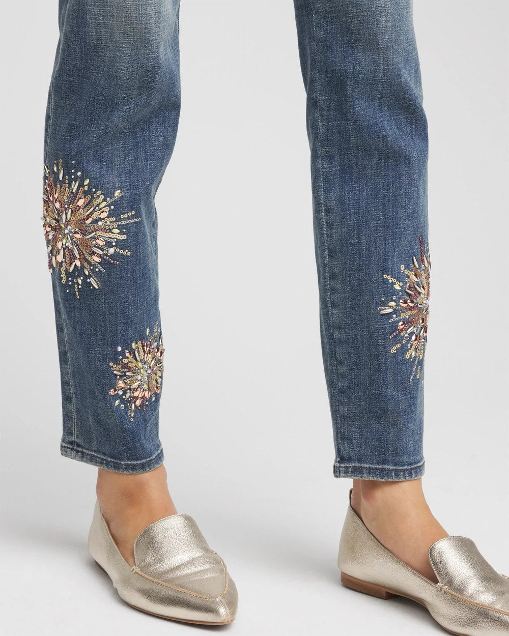 Chico's Embellished Starbursts Girlfriend Slim Ankle Jeans Brilliant Blue Indigo