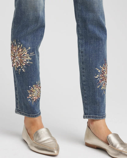 Chico's Embellished Starbursts Girlfriend Slim Ankle Jeans Brilliant Blue Indigo