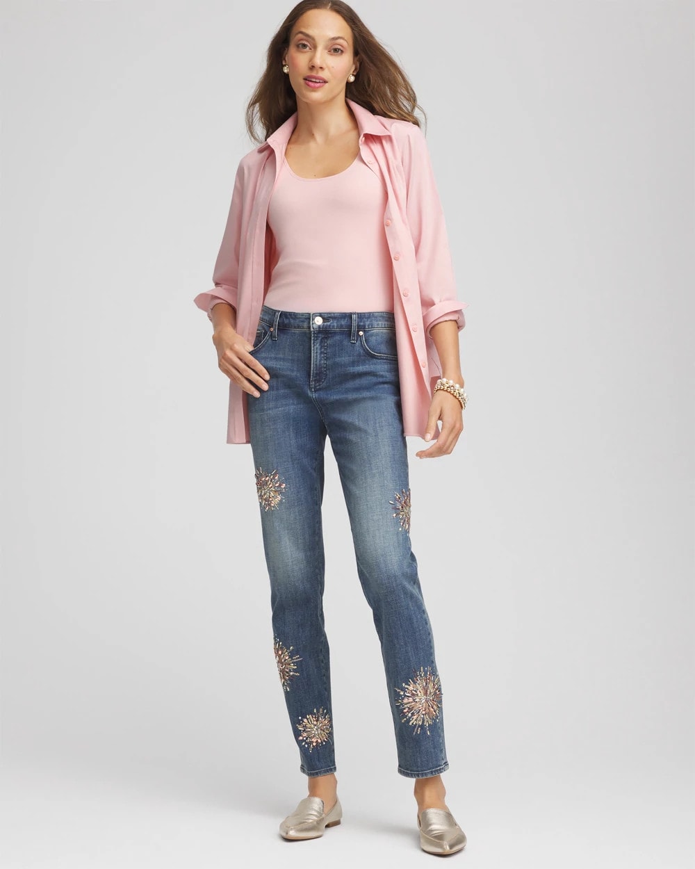 Chico's Embellished Starbursts Girlfriend Slim Ankle Jeans Brilliant Blue Indigo