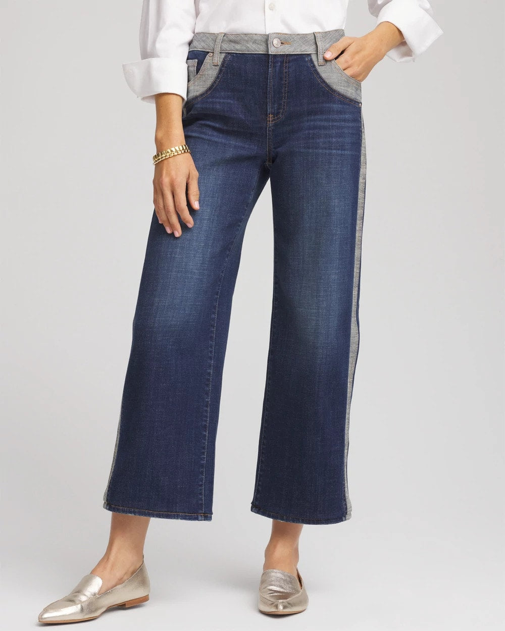 Chico's Girlfriend Cropped Colorblock Wide-Leg Jeans Eclipse Indigo