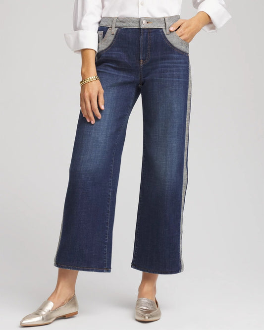 Chico's Girlfriend Cropped Colorblock Wide-Leg Jeans Eclipse Indigo