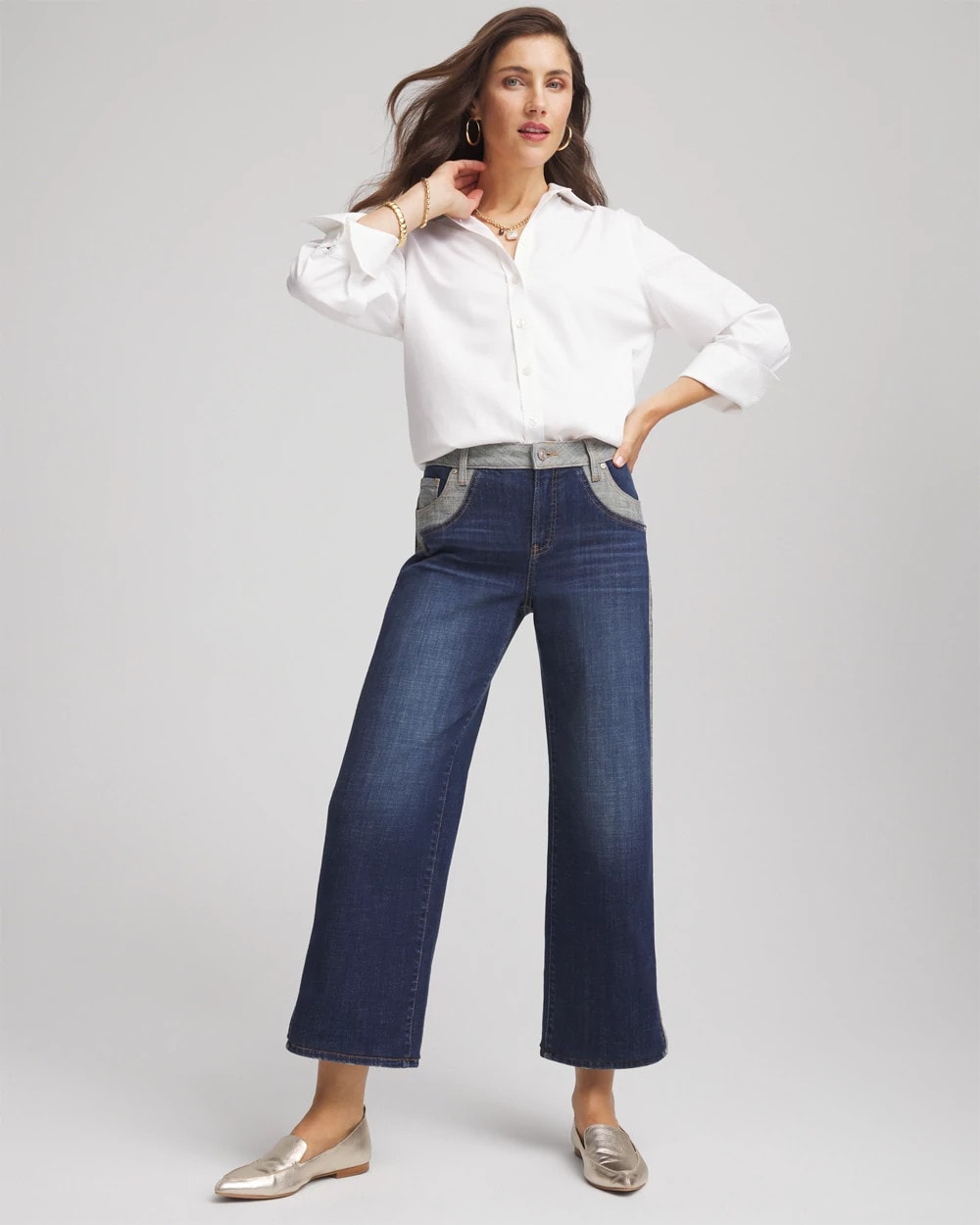 Chico's Girlfriend Cropped Colorblock Wide-Leg Jeans Eclipse Indigo