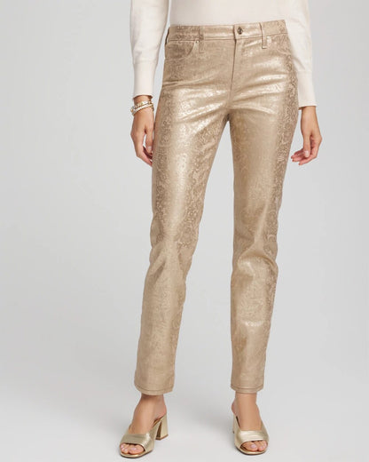 Chico's Girlfriend Slim Ankle Foiled Lace Jeans Champagne Fizz