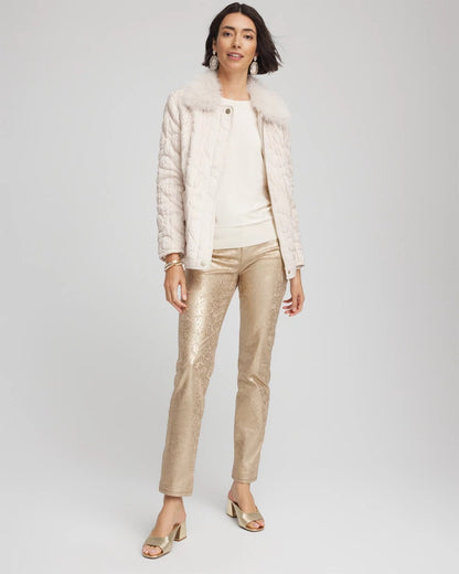 Chico's Girlfriend Slim Ankle Foiled Lace Jeans Champagne Fizz