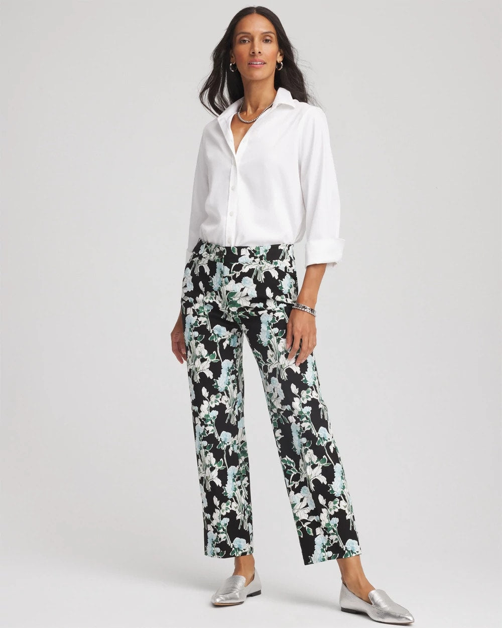 Chico's Floral Emme Straight Ankle Pants Black