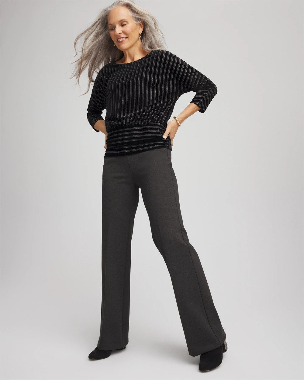 Chico's Petite Juliet Wide Full-Length Ponte Pants Graphite Heather Gray