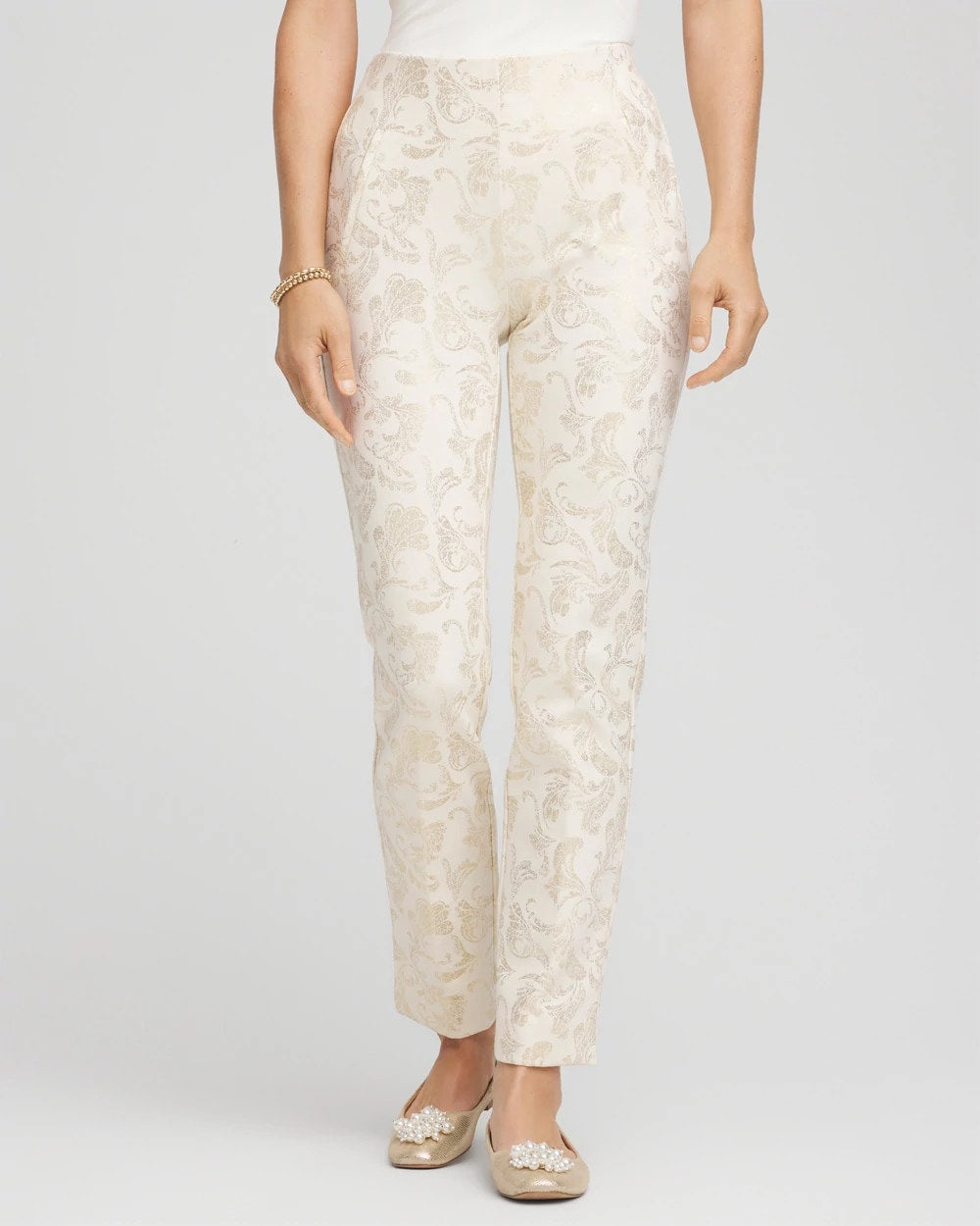 Chico's Juliet Golden Foiled Slim Ankle Pants English Cream