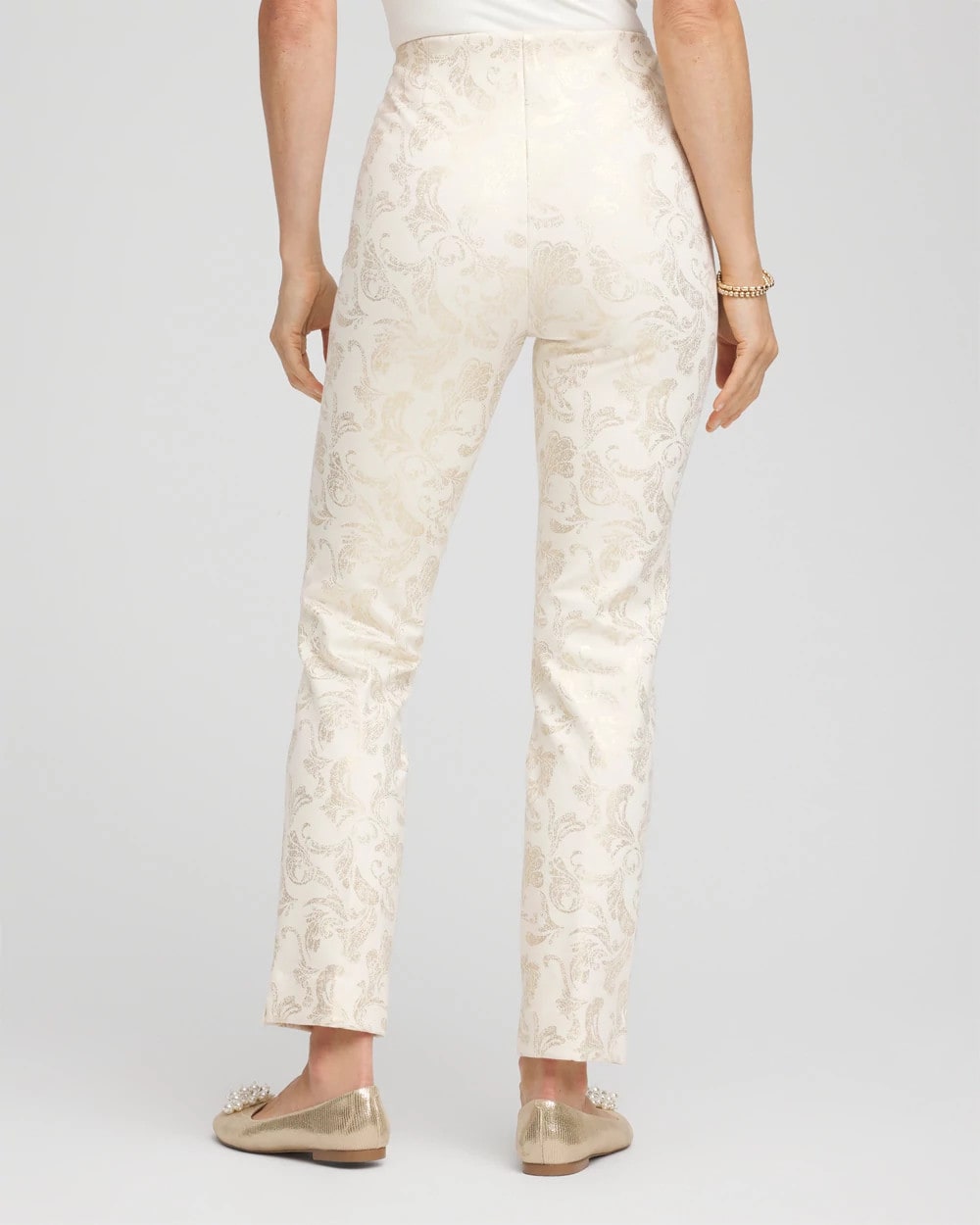 Chico's Juliet Golden Foiled Slim Ankle Pants English Cream
