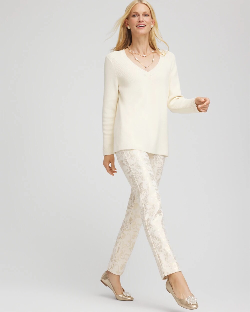 Chico's Juliet Golden Foiled Slim Ankle Pants English Cream