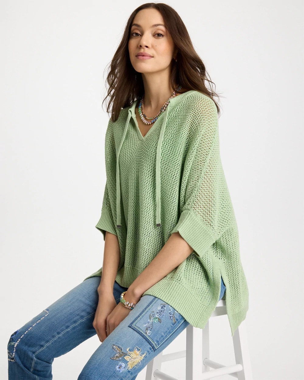 Chico's Avocado Artistry Open Knit Poncho Avocado Artistry