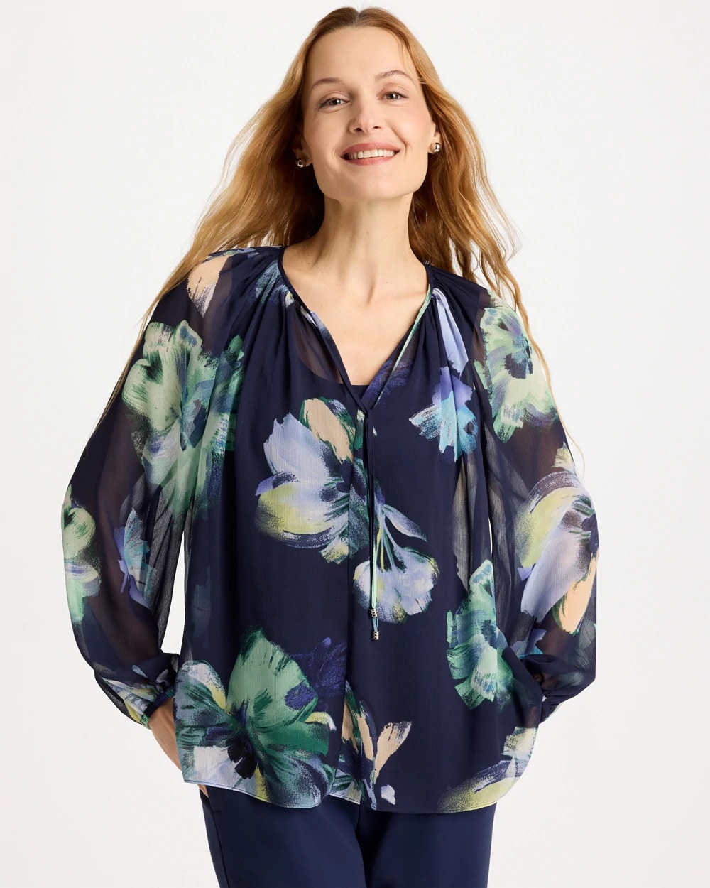 Chico's Crinkle Chiffon Tie-Front Blouse Passport Blue