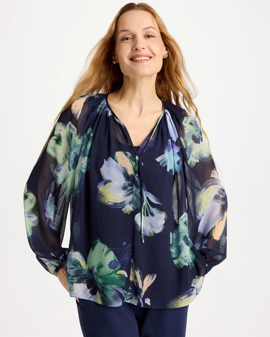 Chico's Crinkle Chiffon Tie-Front Blouse Passport Blue