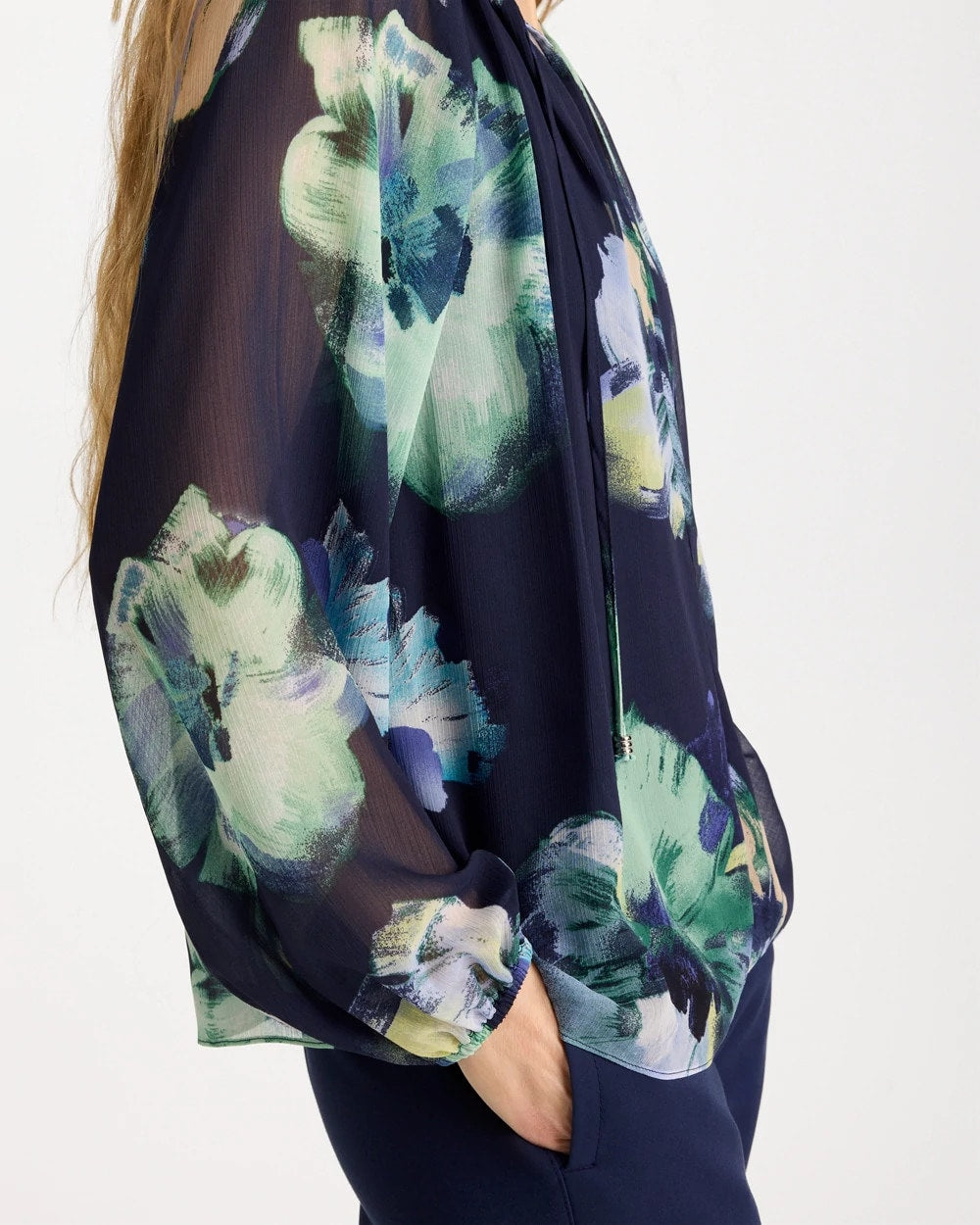 Chico's Crinkle Chiffon Tie-Front Blouse Passport Blue