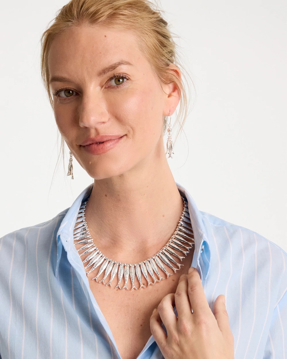 Chico's Silvertone Fish Collar Necklace Silver
