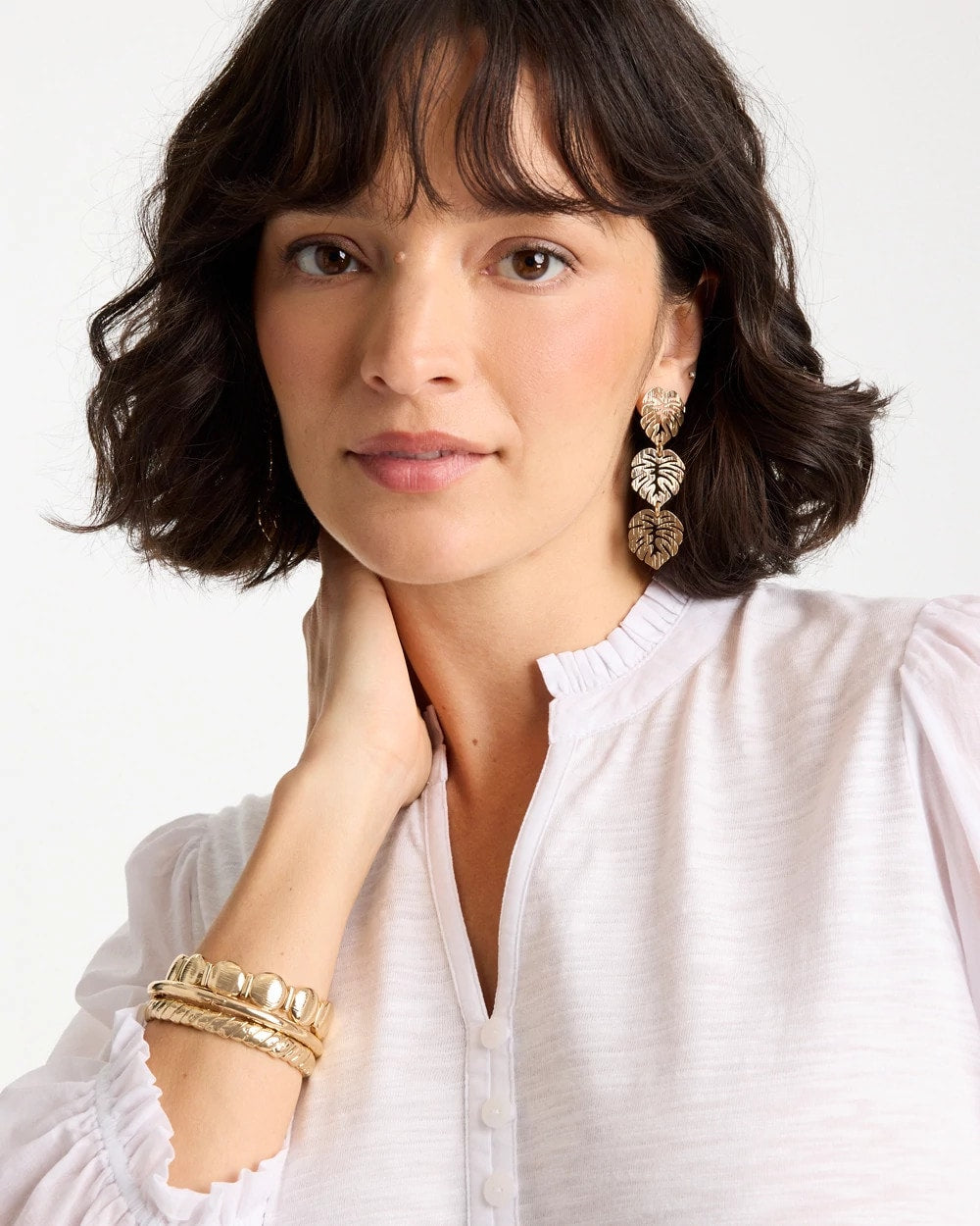 Chico's Palm Frond Linear Drop Earrings Gold