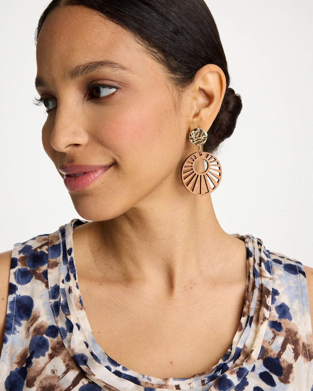 Chico's Wood Carved Sun Drop Earrings Brown