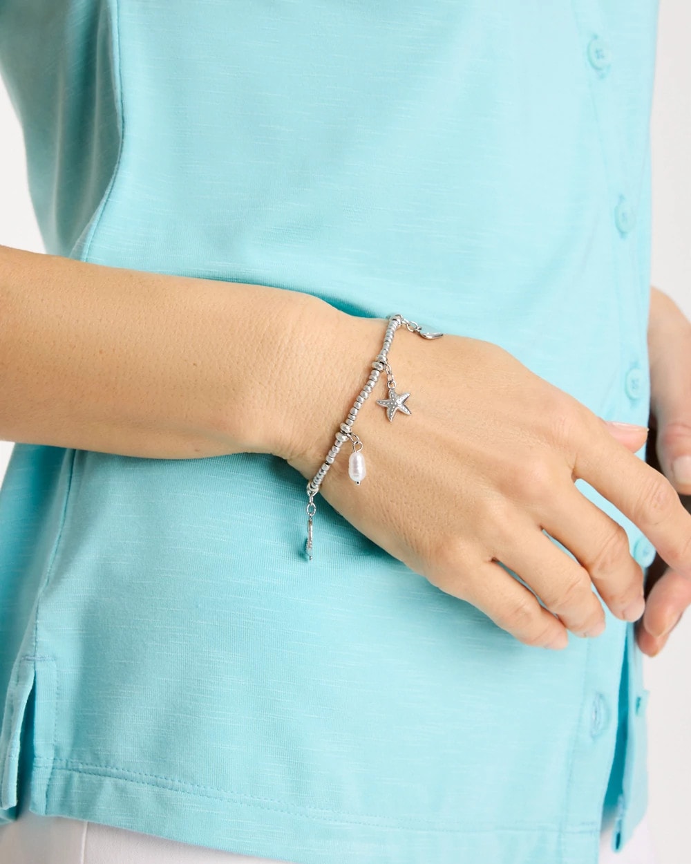 Chico's Beachy Silvertone Stretch Charm Bracelet Silver