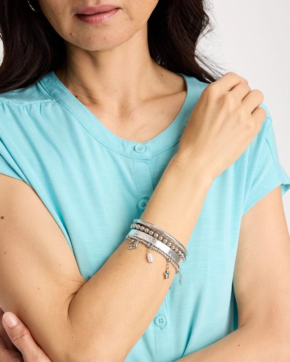 Chico's Beachy Silvertone Stretch Charm Bracelet Silver