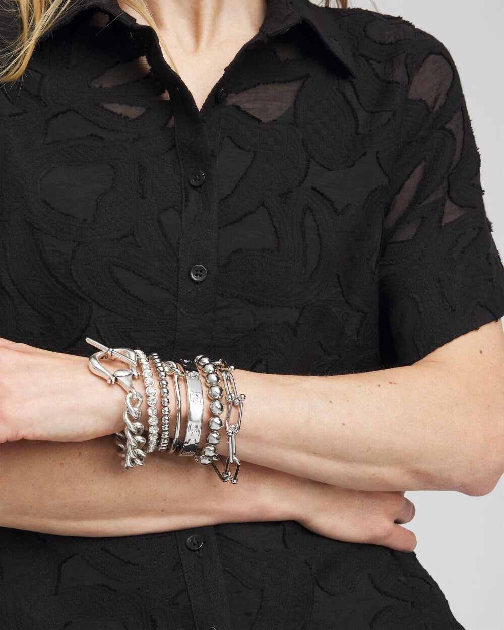 Chico's Small Beaded Silver Tone Stretch Bracelet Silver