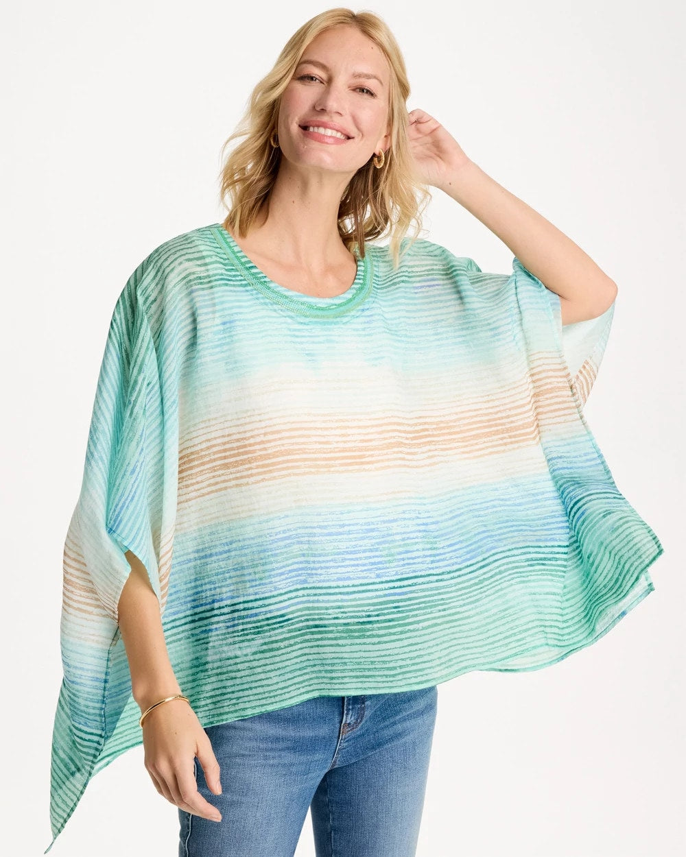 Chico's Ombre Coastal Printed Poncho Teal Waters