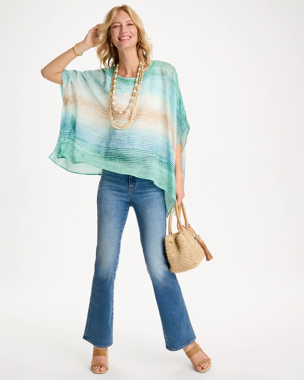 Chico's Ombre Coastal Printed Poncho Teal Waters