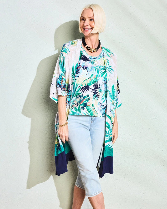 Chico's Printed Smocked Long Kimono Topanga Green