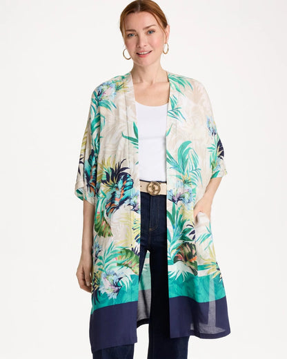 Chico's Printed Smocked Long Kimono Topanga Green