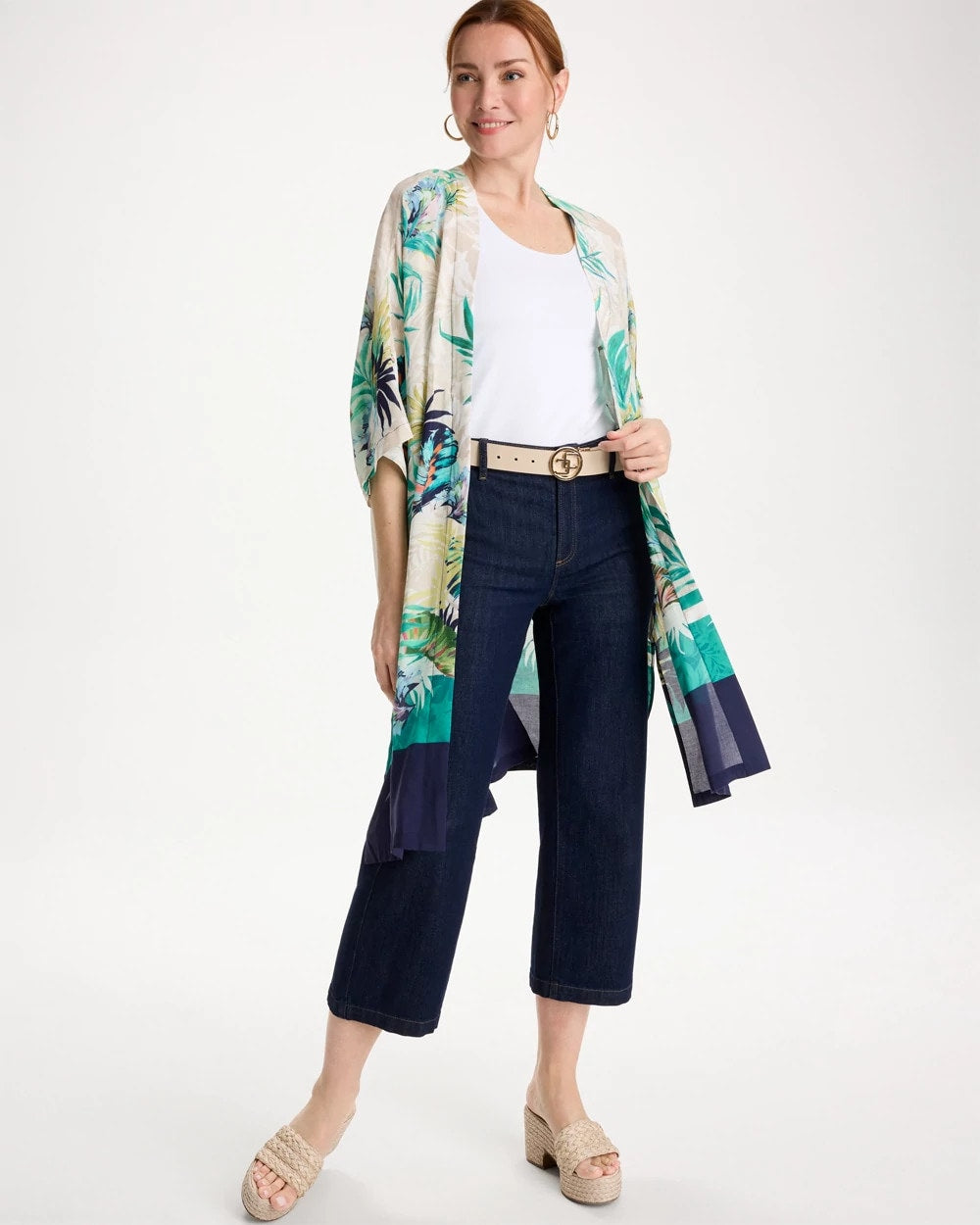 Chico's Printed Smocked Long Kimono Topanga Green