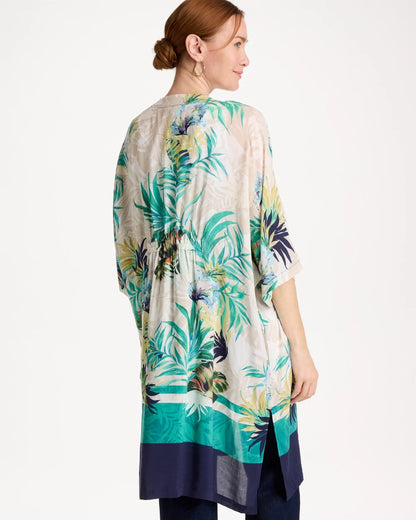 Chico's Printed Smocked Long Kimono Topanga Green