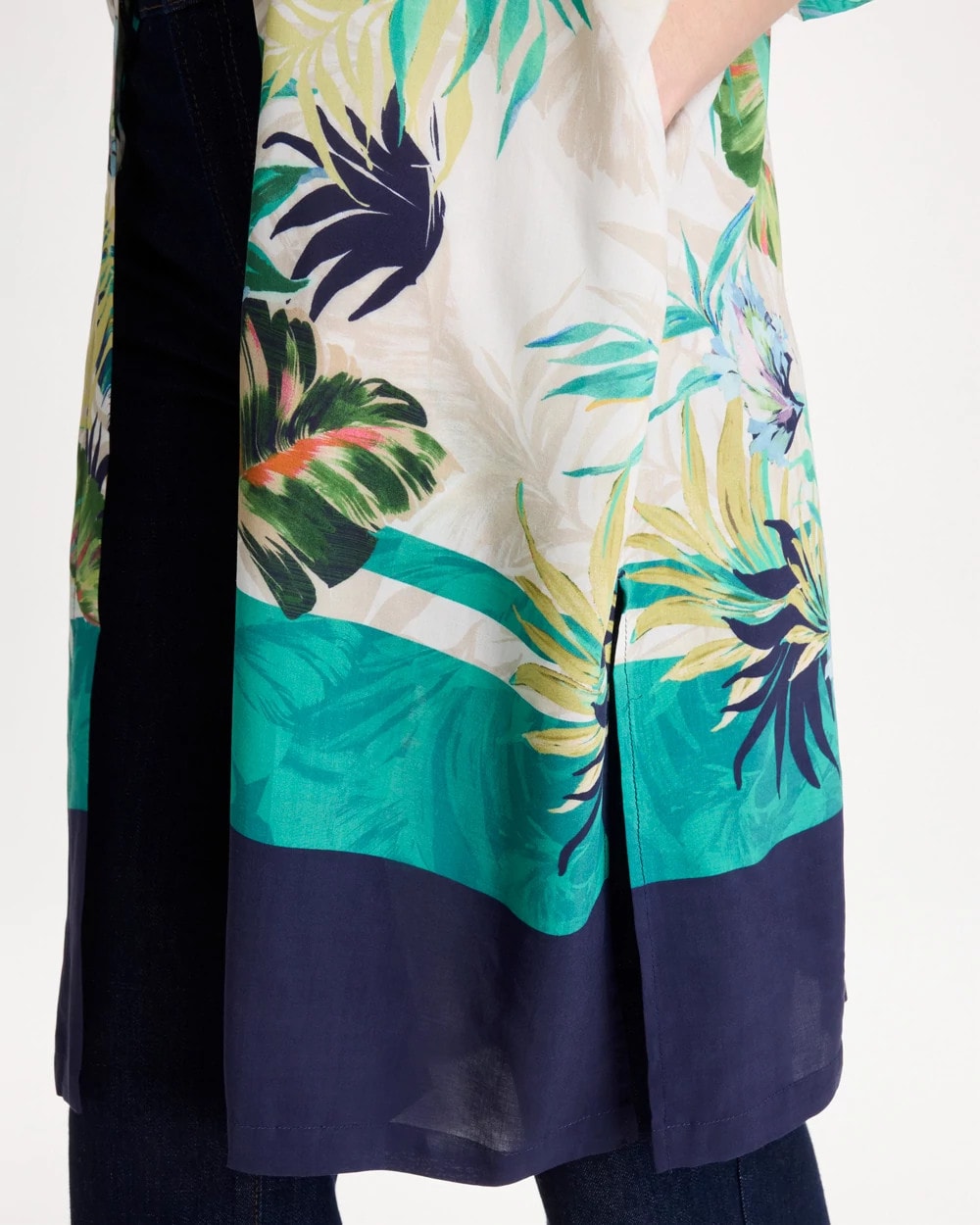 Chico's Printed Smocked Long Kimono Topanga Green