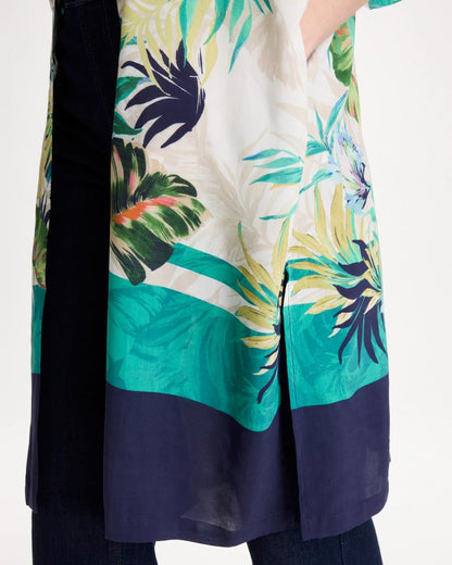Chico's Printed Smocked Long Kimono Topanga Green