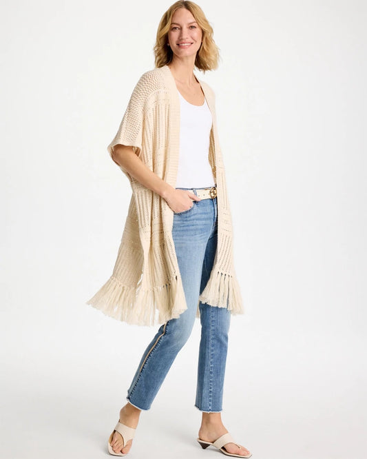 Chico's Long Knit Fringe Ruana Cream
