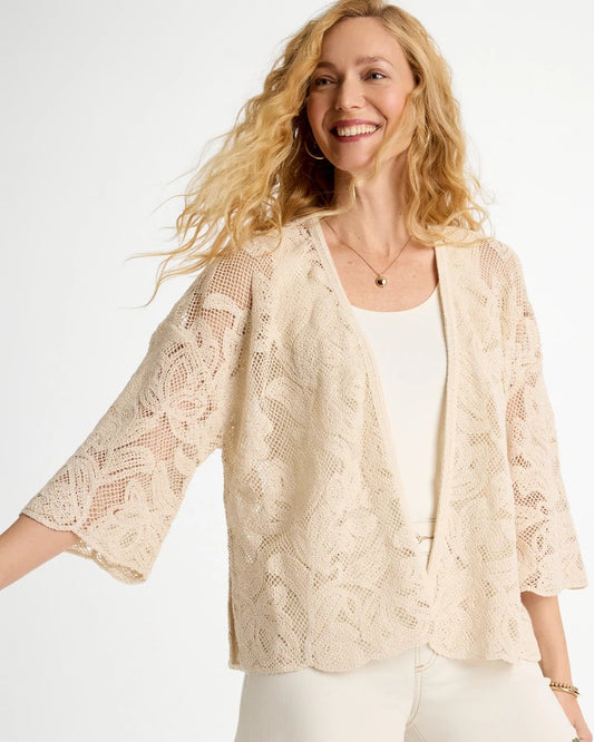 Chico's Short Crochet Lace Kimono Natural
