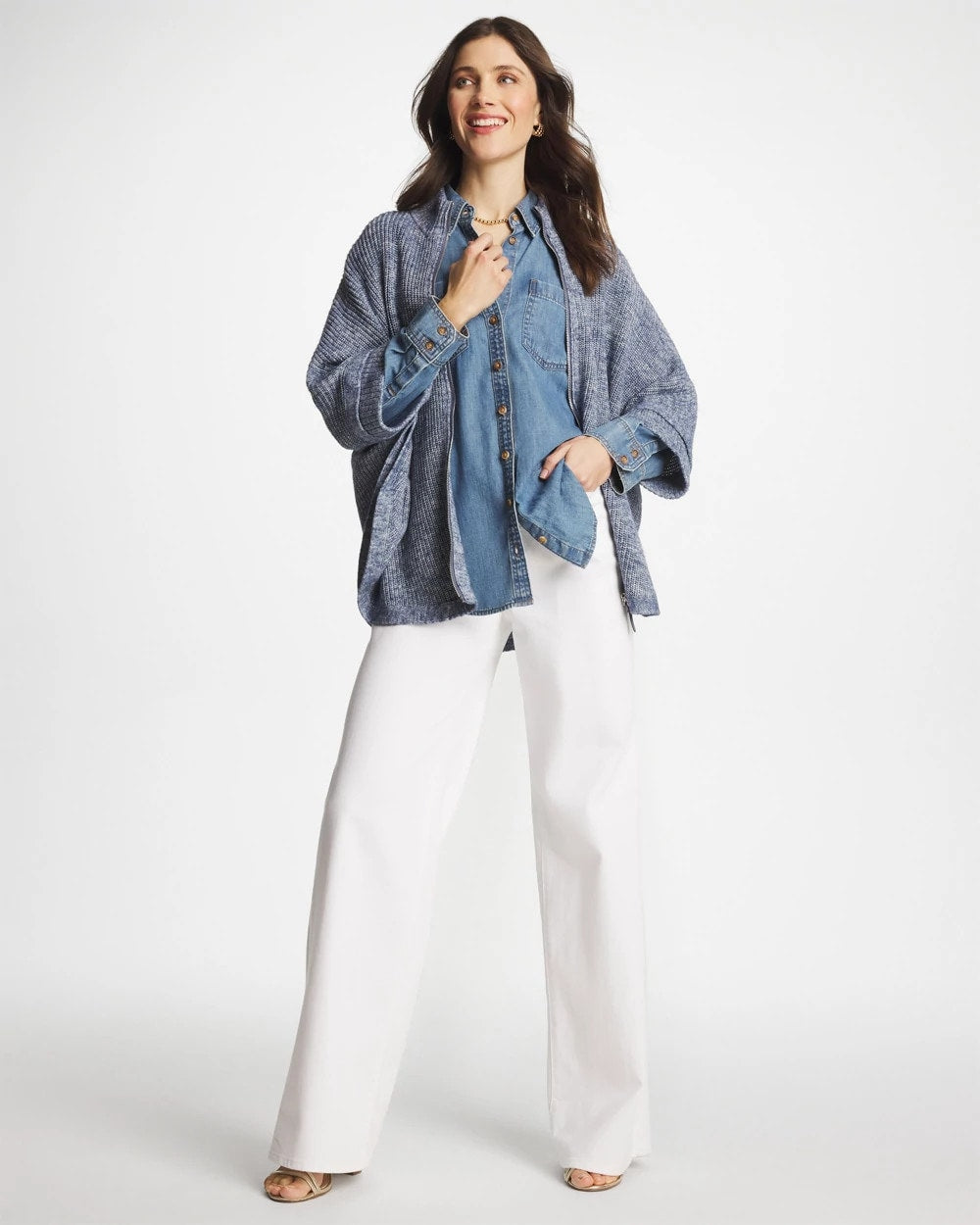 Chico's Rounded Hem Zip-Front Ruana Indigo Sky Heather