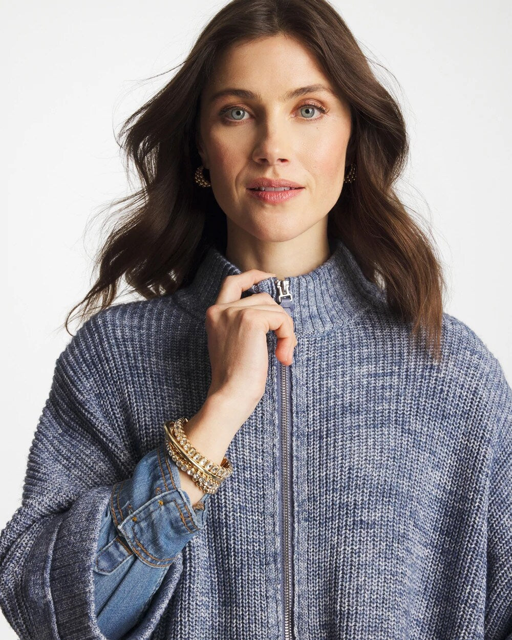Chico's Rounded Hem Zip-Front Ruana Indigo Sky Heather