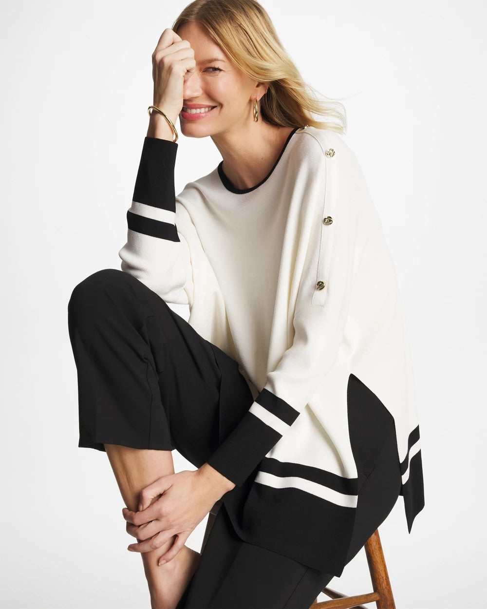 Chico's Button Detail Poncho Ecru