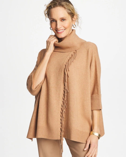 Chico's Cowlneck Knit Fringe Poncho Faux Creme Coffee Heather