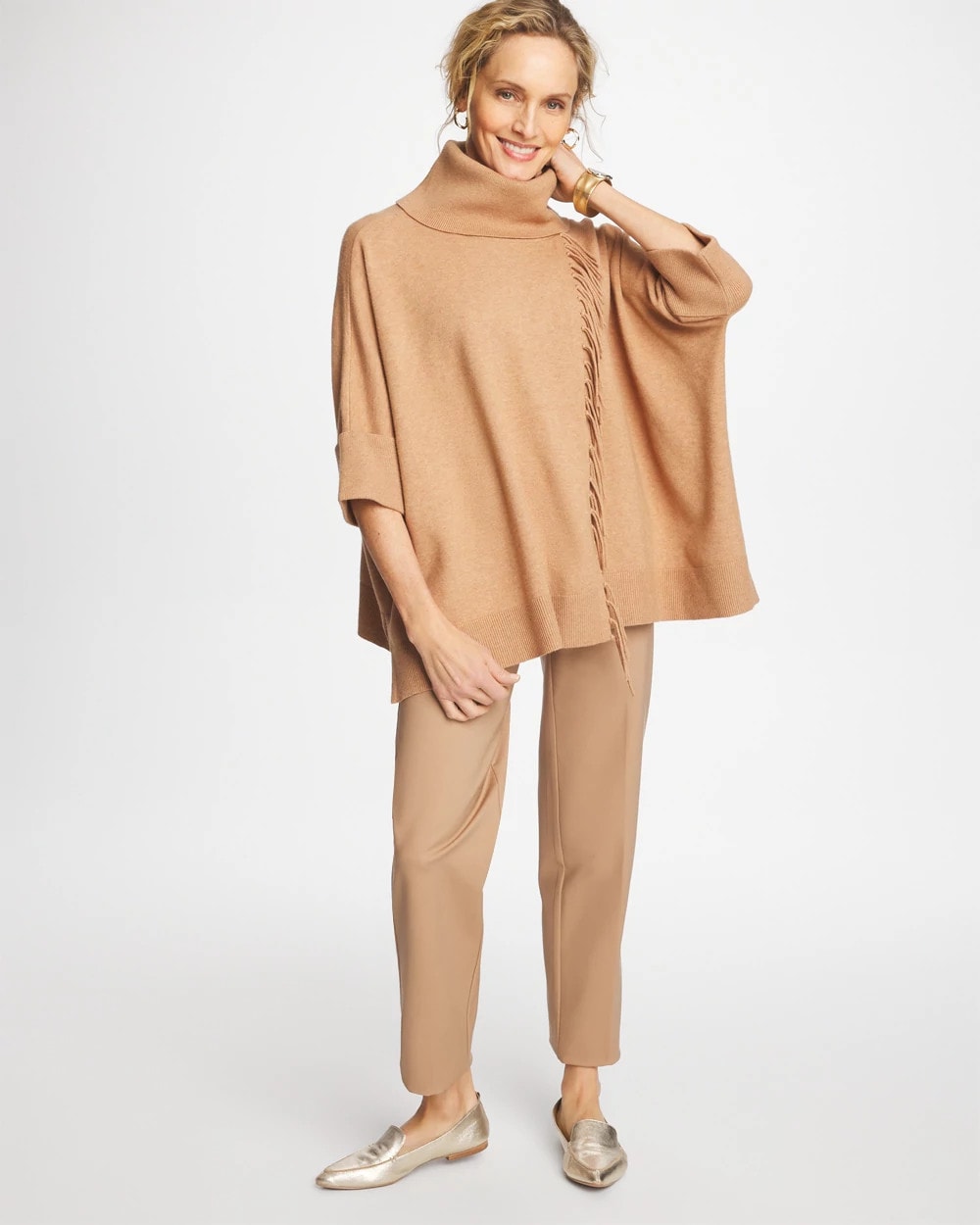 Chico's Cowlneck Knit Fringe Poncho Faux Creme Coffee Heather