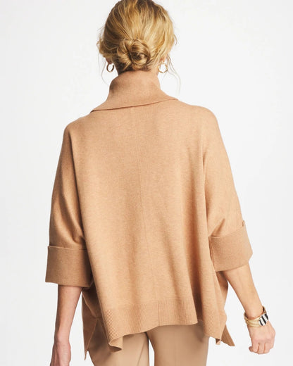 Chico's Cowlneck Knit Fringe Poncho Faux Creme Coffee Heather