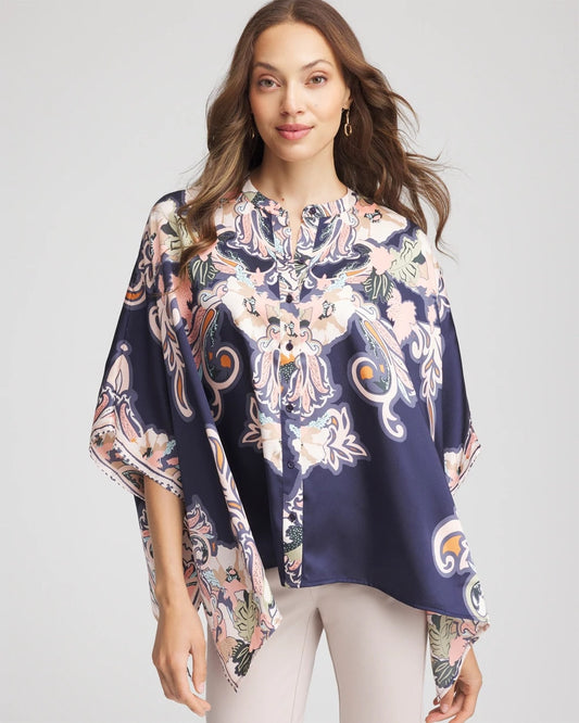 Chico's Collarless Floral-Paisley Poncho Passport Blue