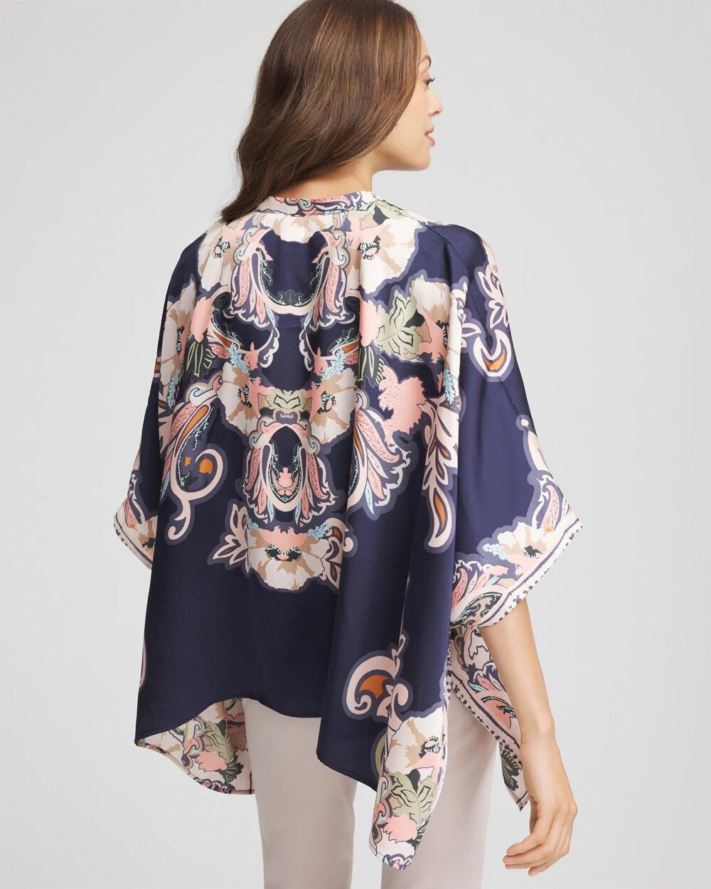 Chico's Collarless Floral-Paisley Poncho Passport Blue
