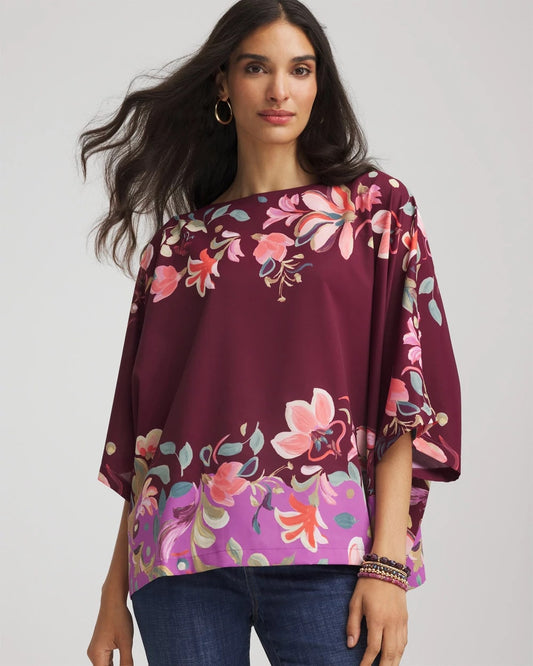 Chico's Printed Boatneck Pullover Poncho Deep Chianti