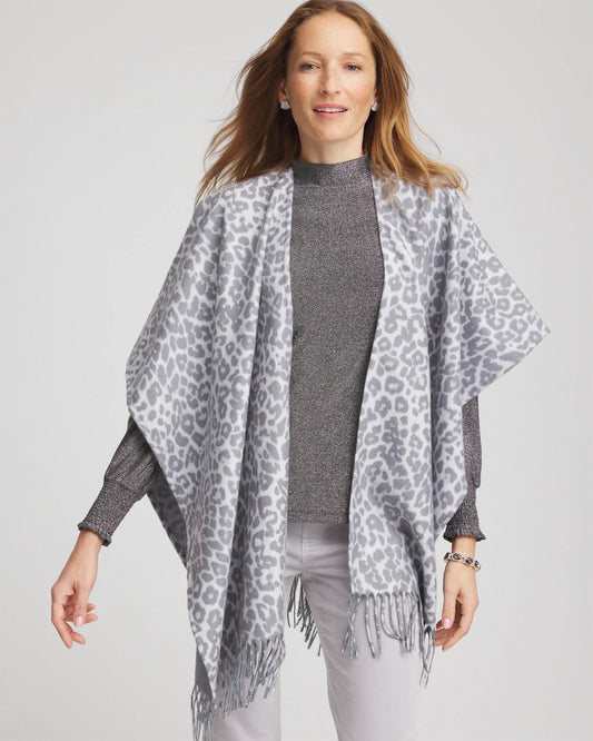 Chico's Reversible Animal Print Fringe Ruana Storm Cloud