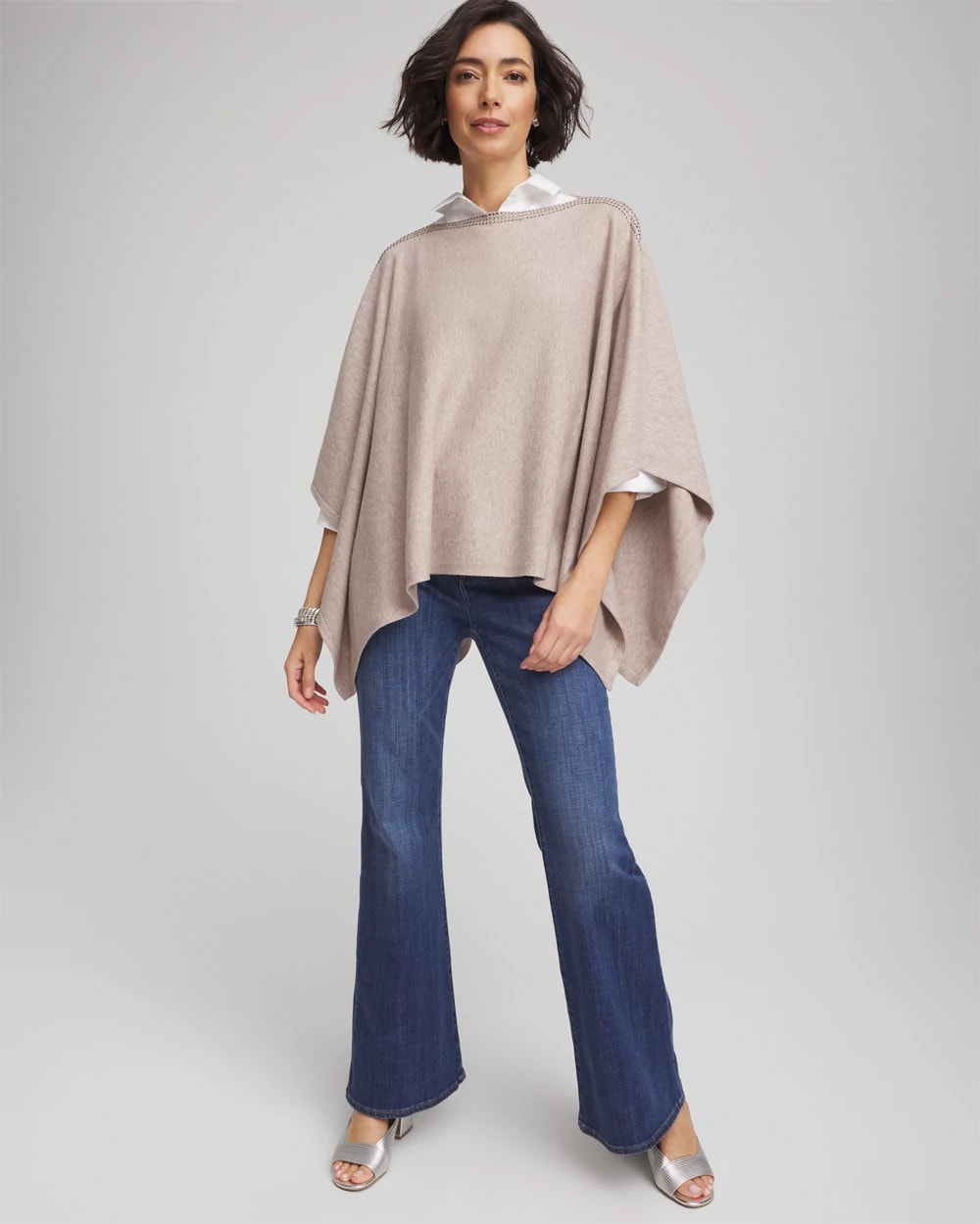 Chico's Rhinestone Embellished Poncho Light Taupe Heather