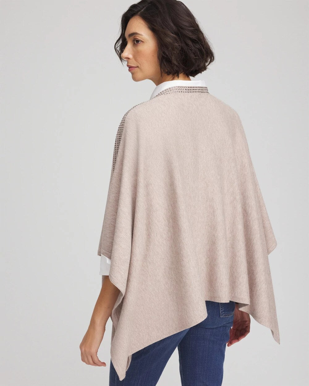 Chico's Rhinestone Embellished Poncho Light Taupe Heather