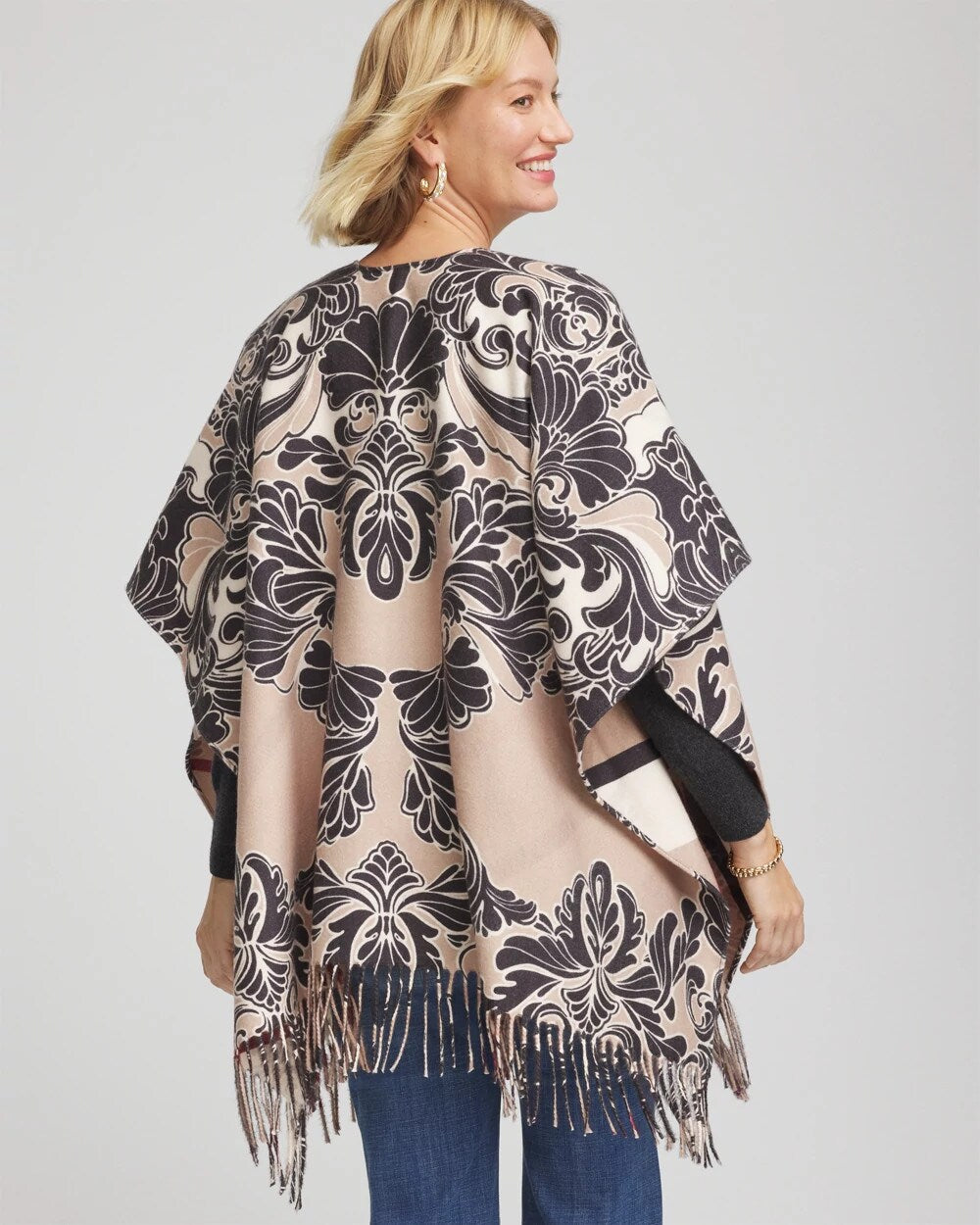 Chico's Reversible Printed Fringe Ruana Champagne Fizz