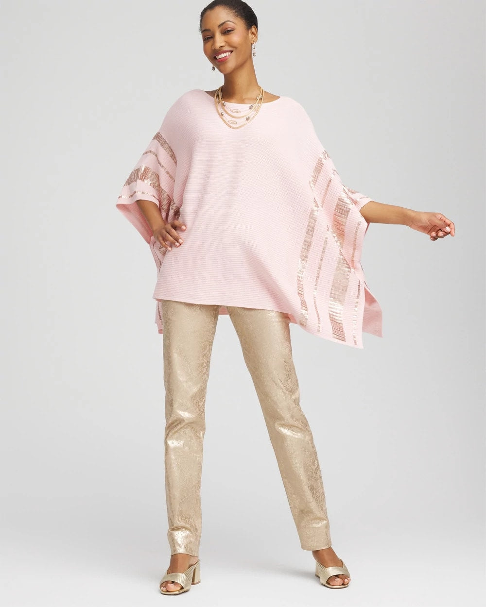 Chico's Sequin Striped Sweater Poncho Blushed
