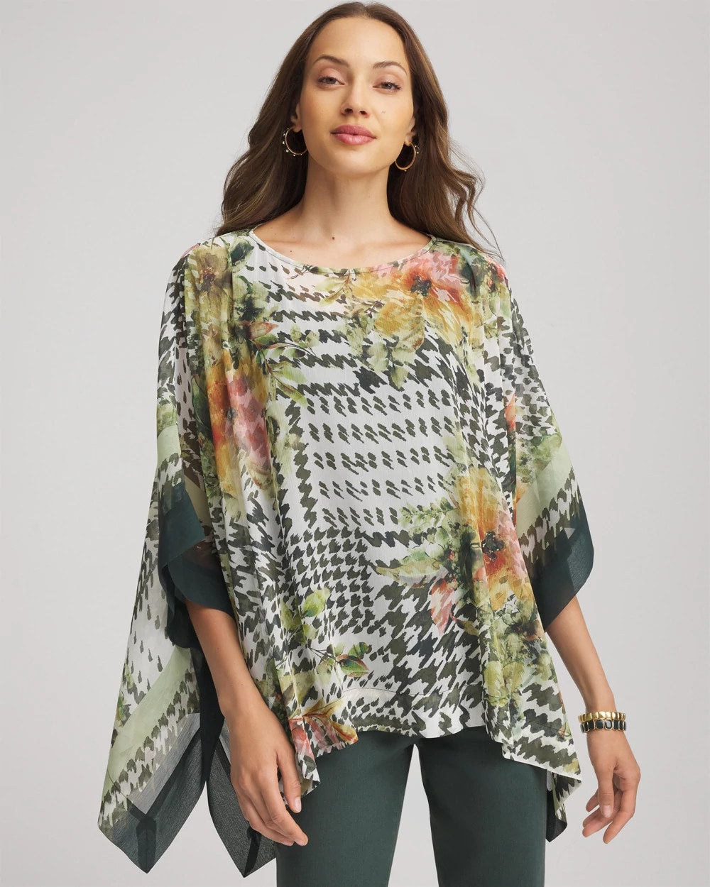 Chico's Printed Crinkle-Chiffon Pullover Poncho Nettle Leaf